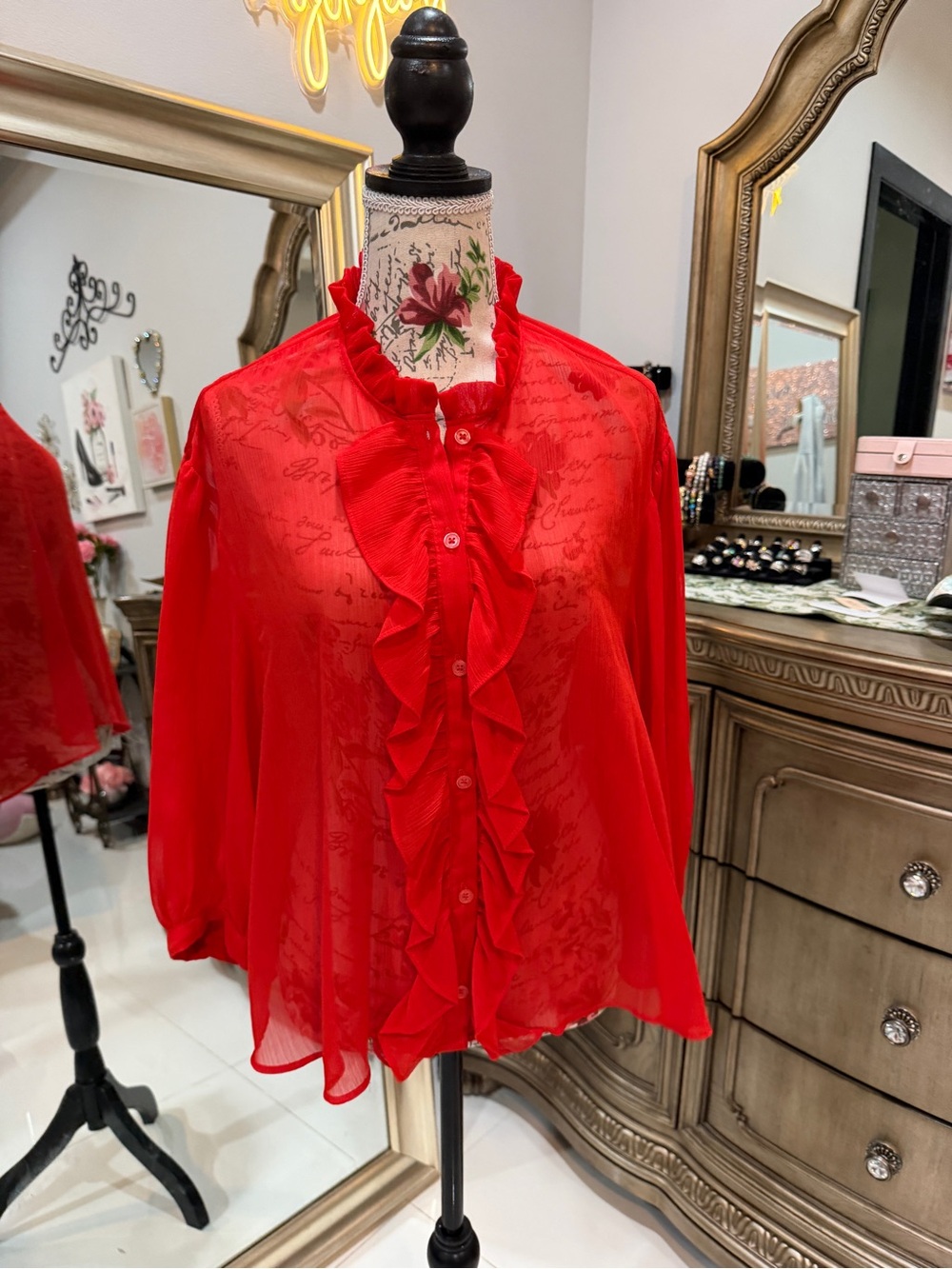 Zara Red Sheer Ruffle-Front Blouse